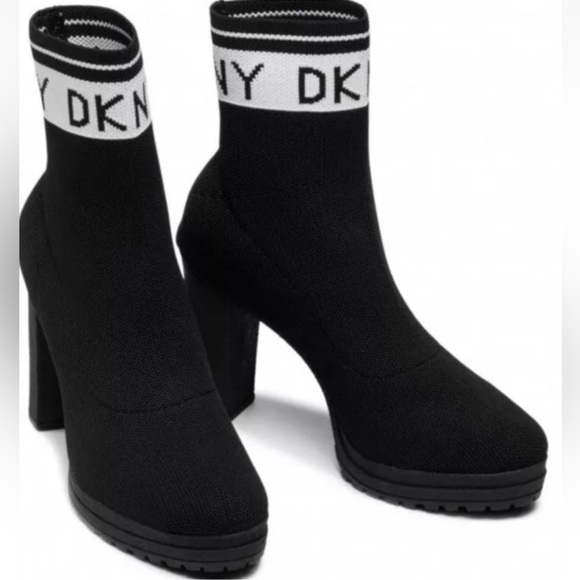 DKNY Women's Black Tessa Knitted Monogram Ship on Platform Heel Ankle Boots - Picture 9 of 13